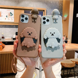 3D Cute Cartoon Dog Mirror Stand Phone Case For Iphone 13 Pro Max 12 11 Xr X Xs Max 5 6 7plus 8 Plus With Lanyard Cover Soft Durable Silicone Drop Protection Cover For Iphone
