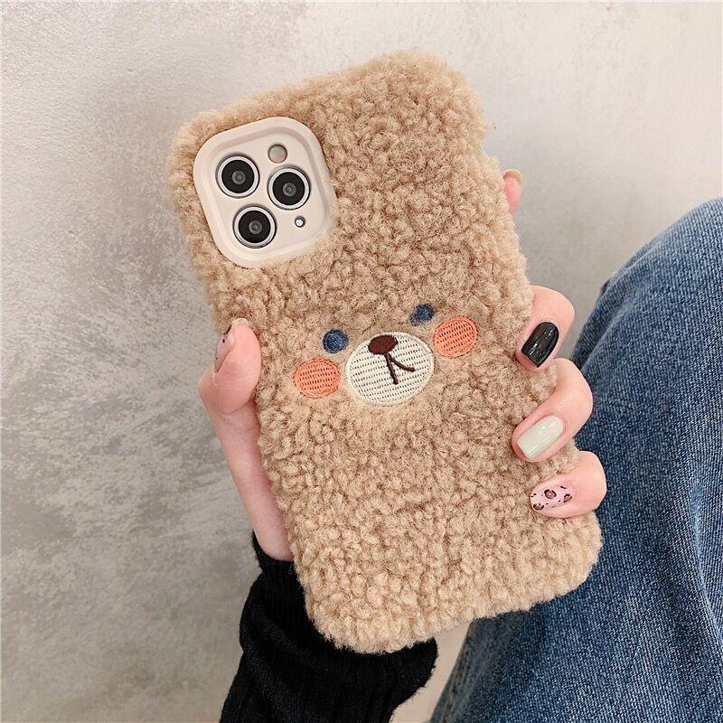 Cute Brown Bear Plush Phone Case For Iphone 14 11 12 13 Pro Max 7 8 X XS Max XR SE2 Autumn And Winter Shockproof Full Case Cover Cute Bear Animal Winter Warm Plush Fabric Phone Case