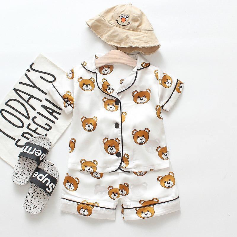 Luxury Modern Children's Pajamas Set Baby Suit Toddler Boys and Girls Ice Silk Satin Cartoon Printing Tops Pants Set Home Wear pajams for Kids