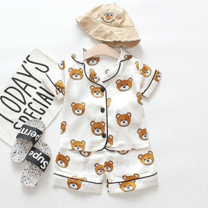 Luxury Modern Children's Pajamas Set Baby Suit Toddler Boys and Girls Ice Silk Satin Cartoon Printing Tops Pants Set Home Wear pajams for Kids