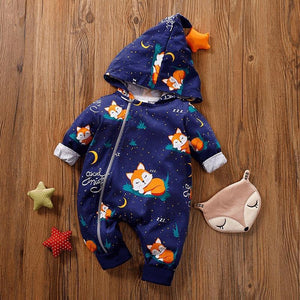 Baby Rompers Warm overalls Cartoon Animals Pattern Hooded Zipper Clothes Jumpsuit For Girls and Boys In Modern Print Design