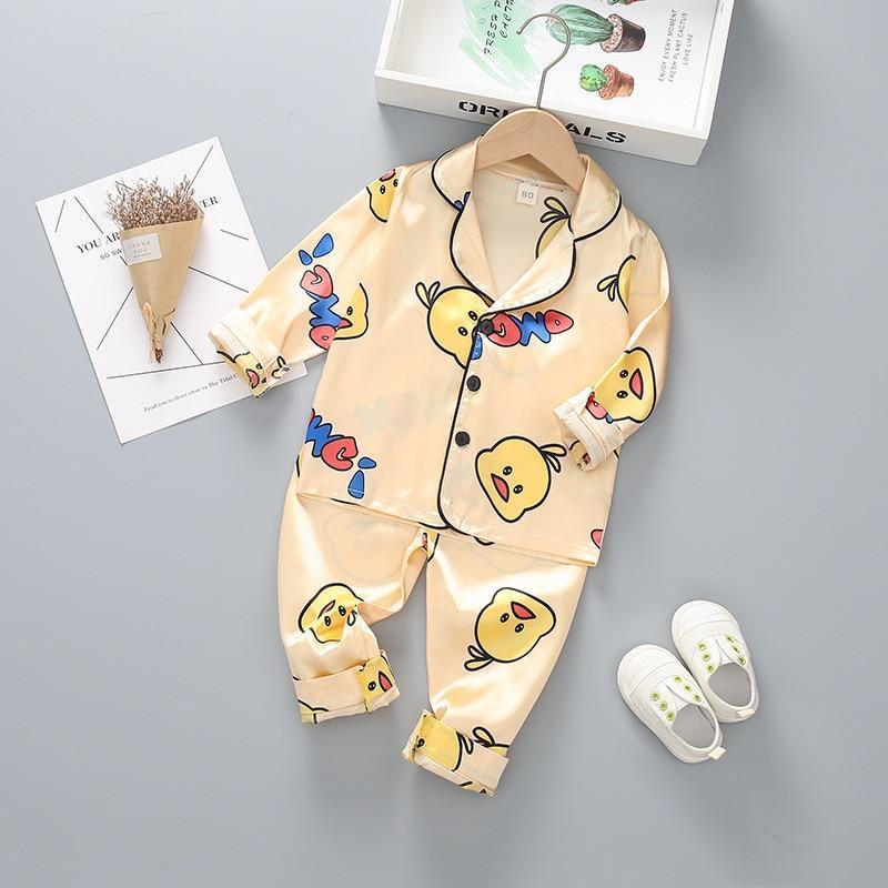 Luxury Modern Children's Pajamas Set Baby Suit Toddler Boys and Girls Ice Silk Satin Cartoon Printing Tops Pants Set Home Wear pajams for Kids