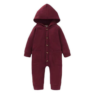 Newborn Clothing Solid Long Sleeve Hooded Button Pockets Romper Winter Warm Jumpsuit for Girls and Boys