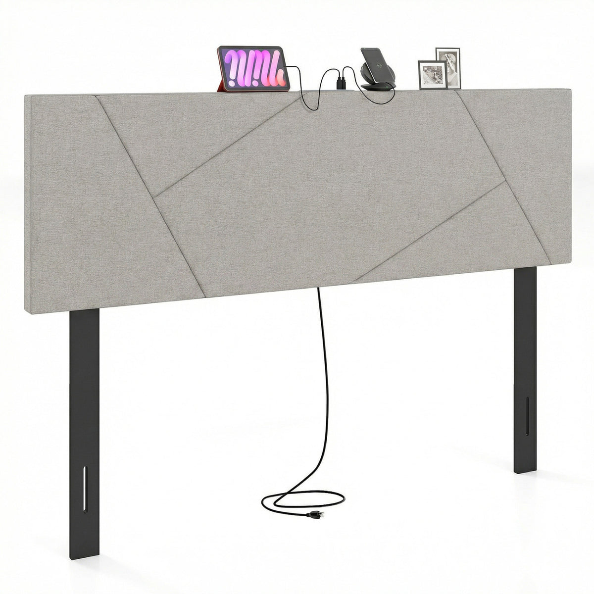 Headboard for Full Size Bed and Queen Geometric Upholstered Head Board-Gray