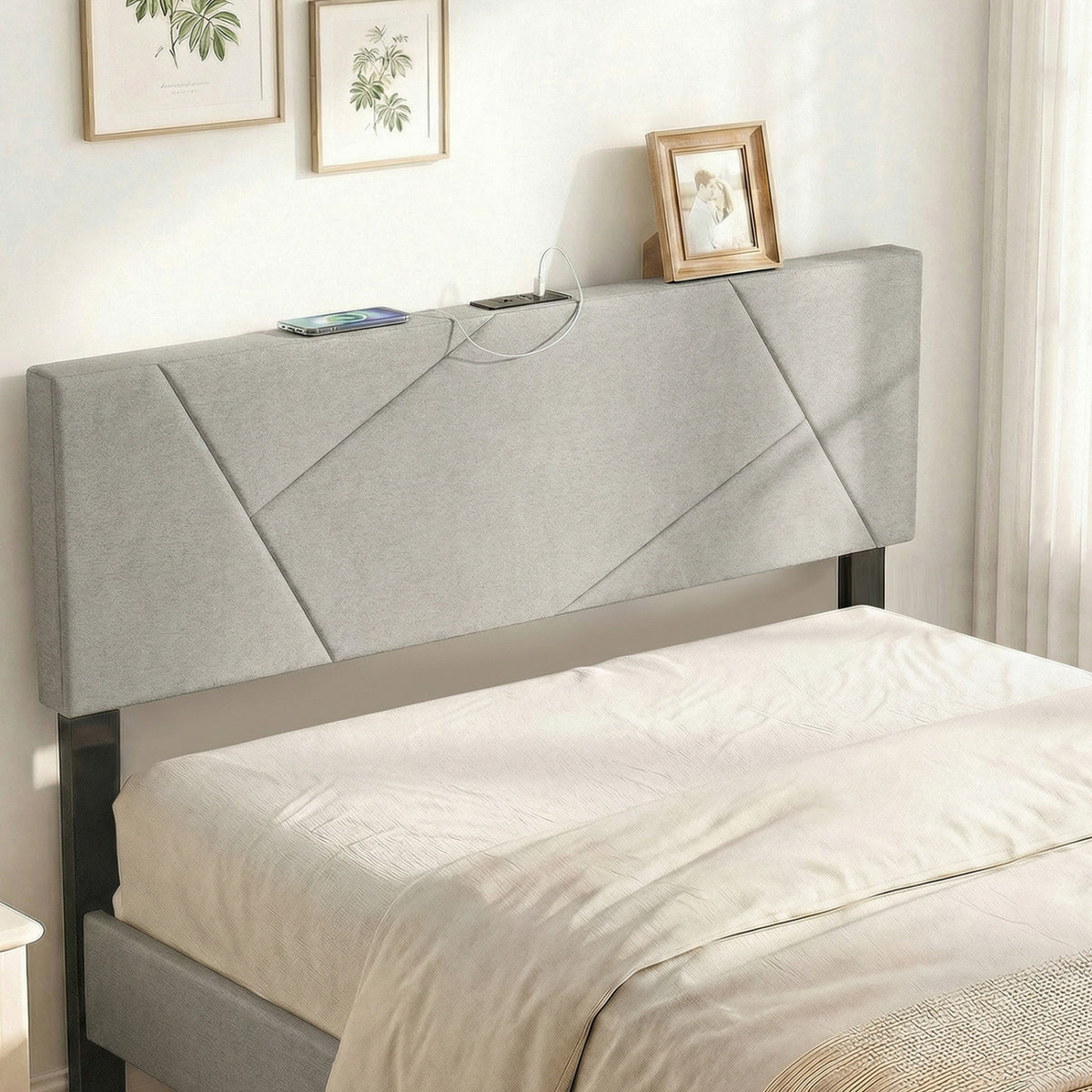 Headboard for Full Size Bed and Queen Geometric Upholstered Head Board-Gray