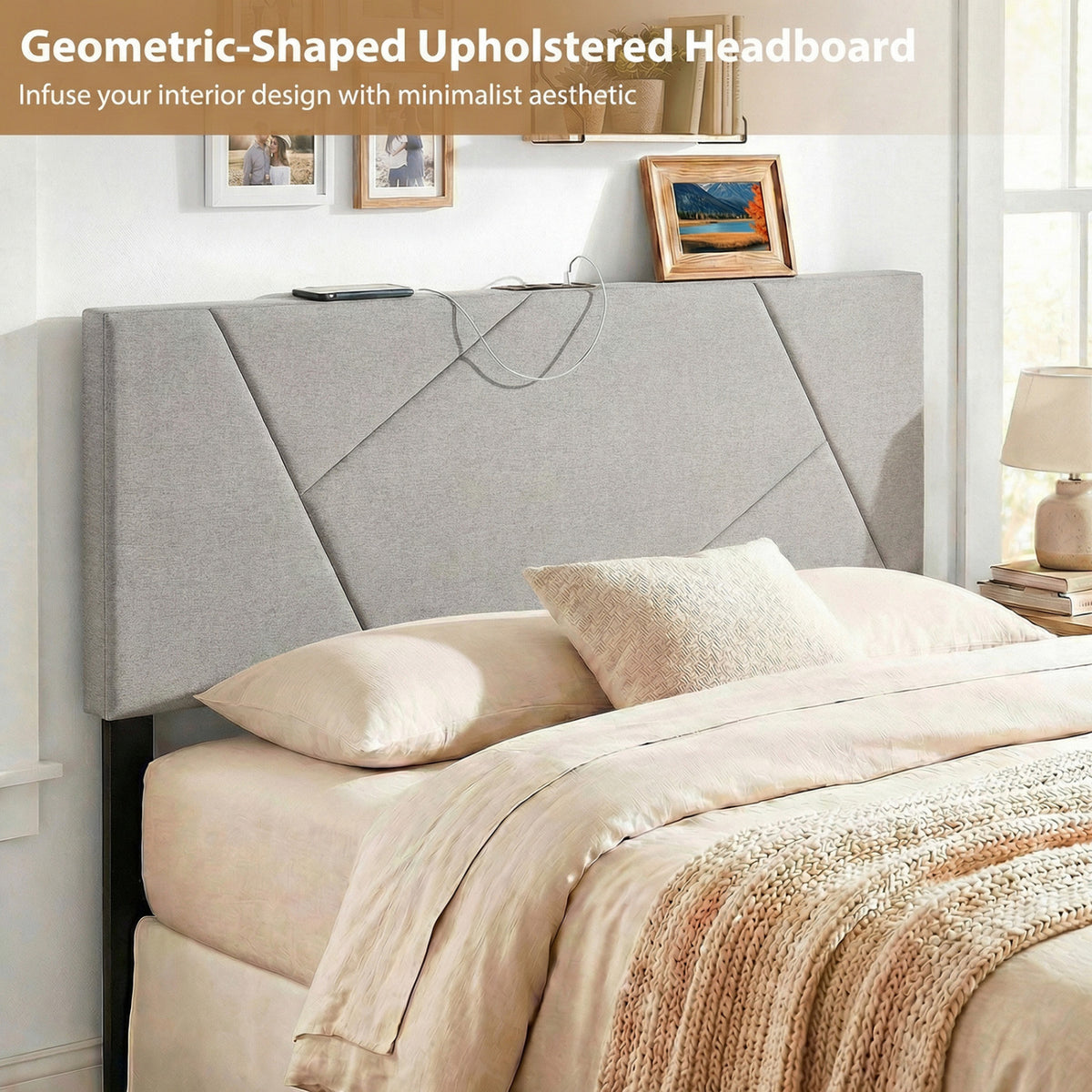 Headboard for Full Size Bed and Queen Geometric Upholstered Head Board-Gray