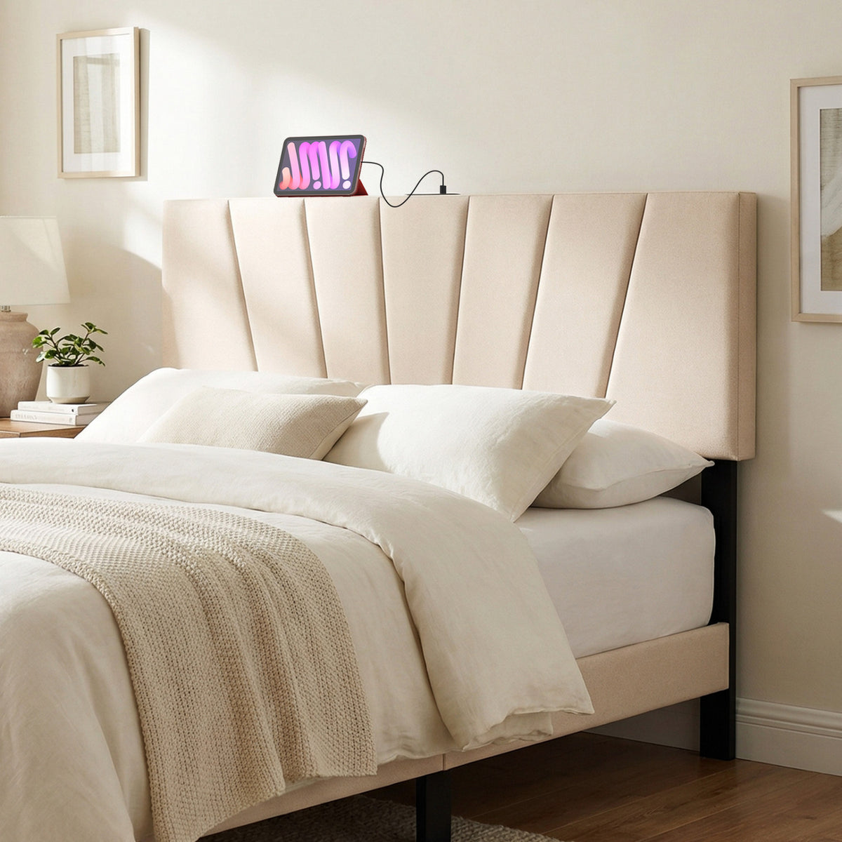 Headboard for Queen and Full Size Bed Geometric Upholstered Head Board-Beige