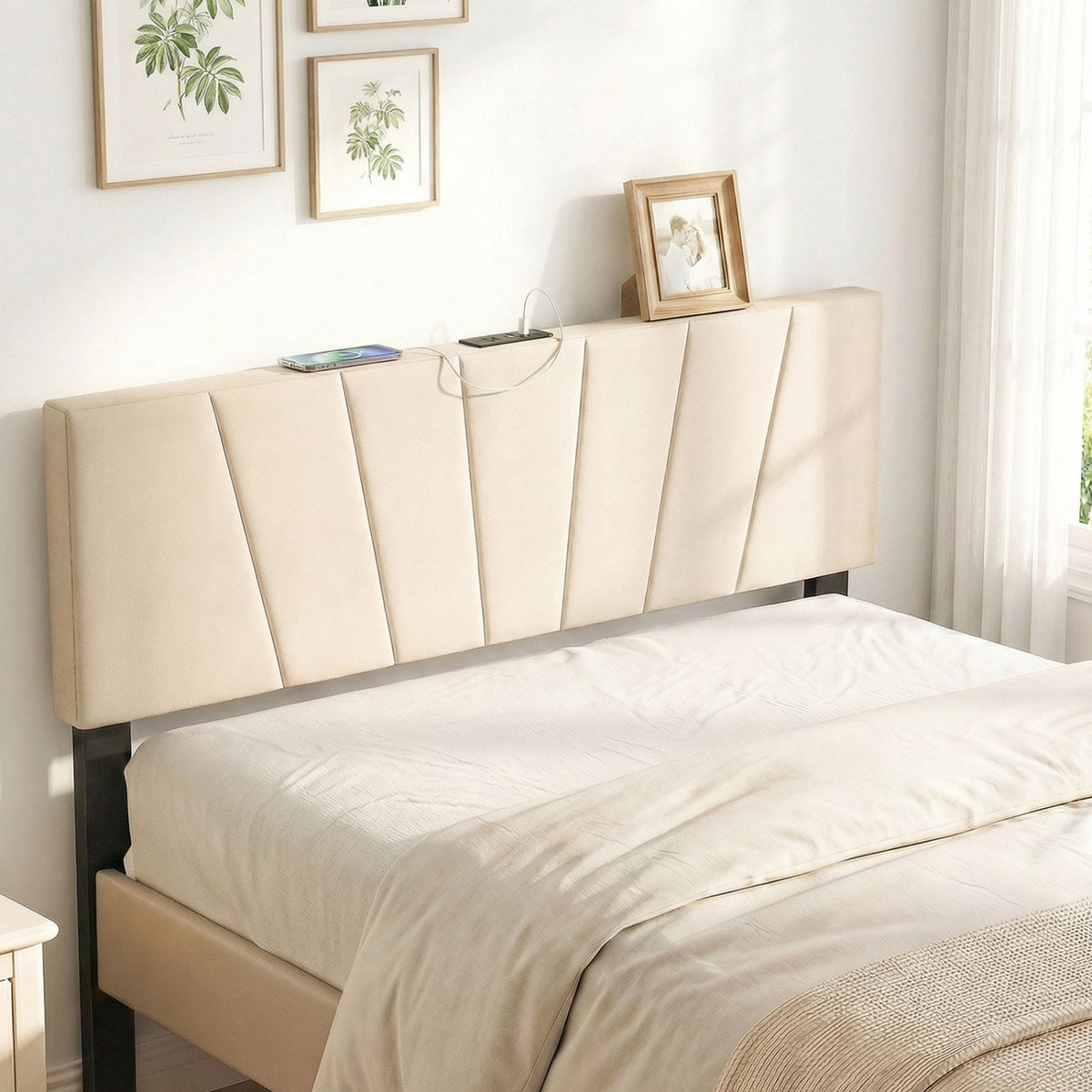 Headboard for Queen and Full Size Bed Geometric Upholstered Head Board-Beige