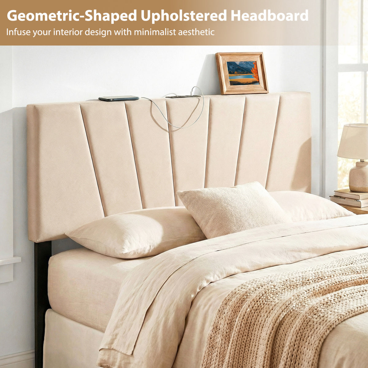 Headboard for Queen and Full Size Bed Geometric Upholstered Head Board-Beige