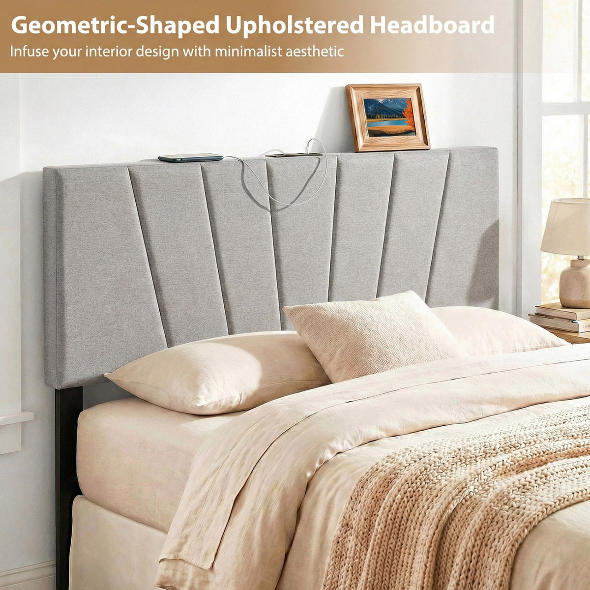 Headboard for Queen and Full Size Bed Geometric Upholstered Head Board-Gray