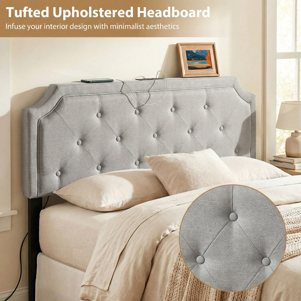 Headboard for Queen and Full Size Bed Tufted Upholstered Head Board-Gray