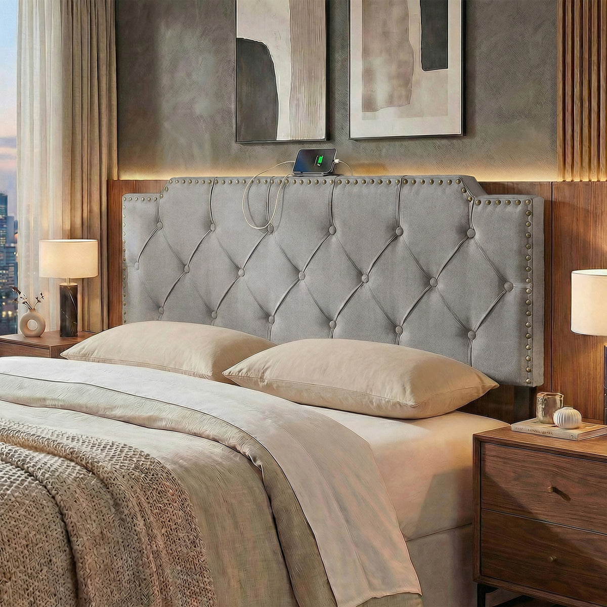 Headboard for Queen and Full Size Bed Rivet Tufted Upholstered Head Board-Gray