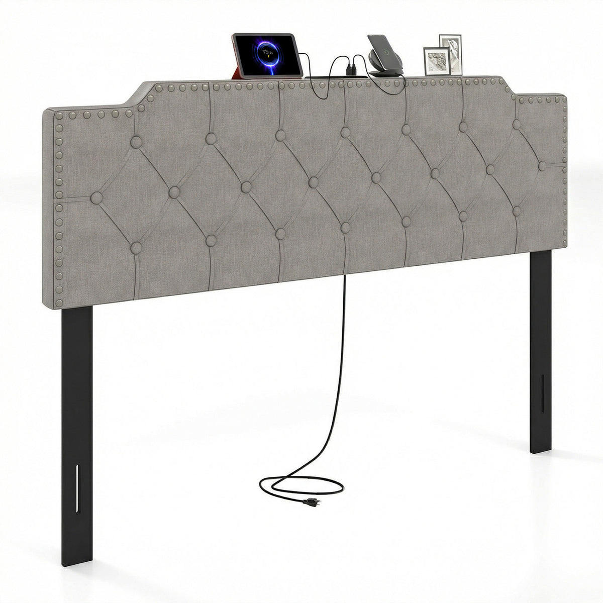 Headboard for Queen and Full Size Bed Rivet Tufted Upholstered Head Board-Gray