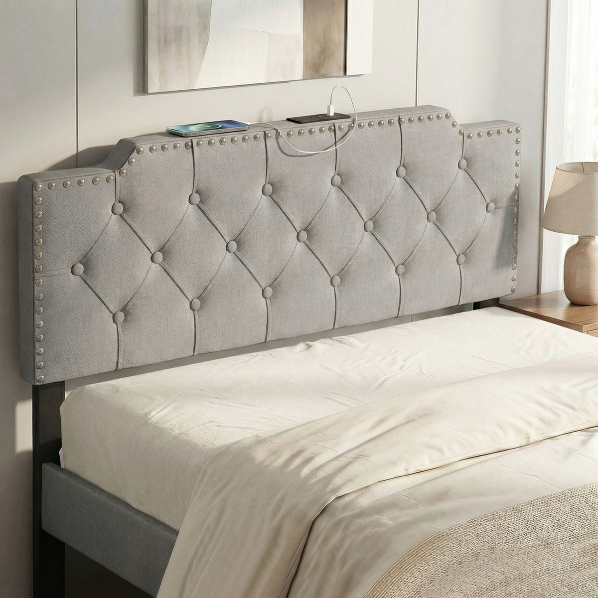 Headboard for Queen and Full Size Bed Rivet Tufted Upholstered Head Board-Gray