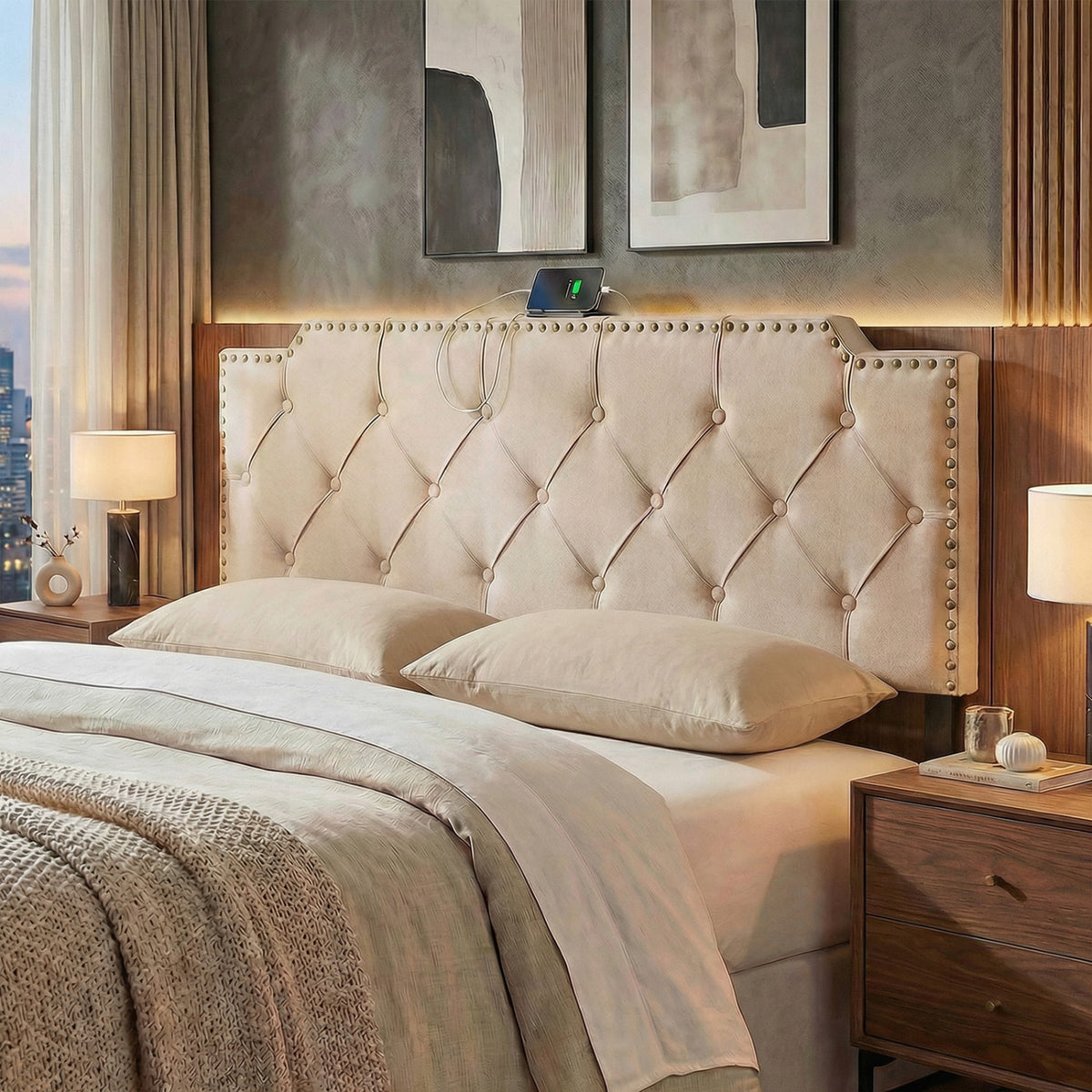 Headboard for Queen and Full Size Bed Rivet Tufted Upholstered Head Board-Beige