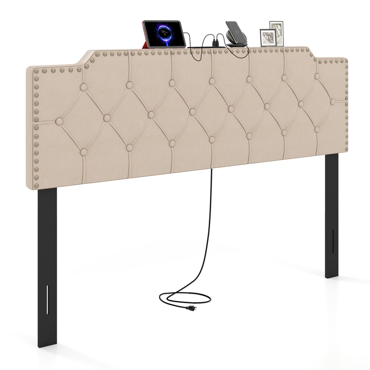 Headboard for Queen and Full Size Bed Rivet Tufted Upholstered Head Board-Beige