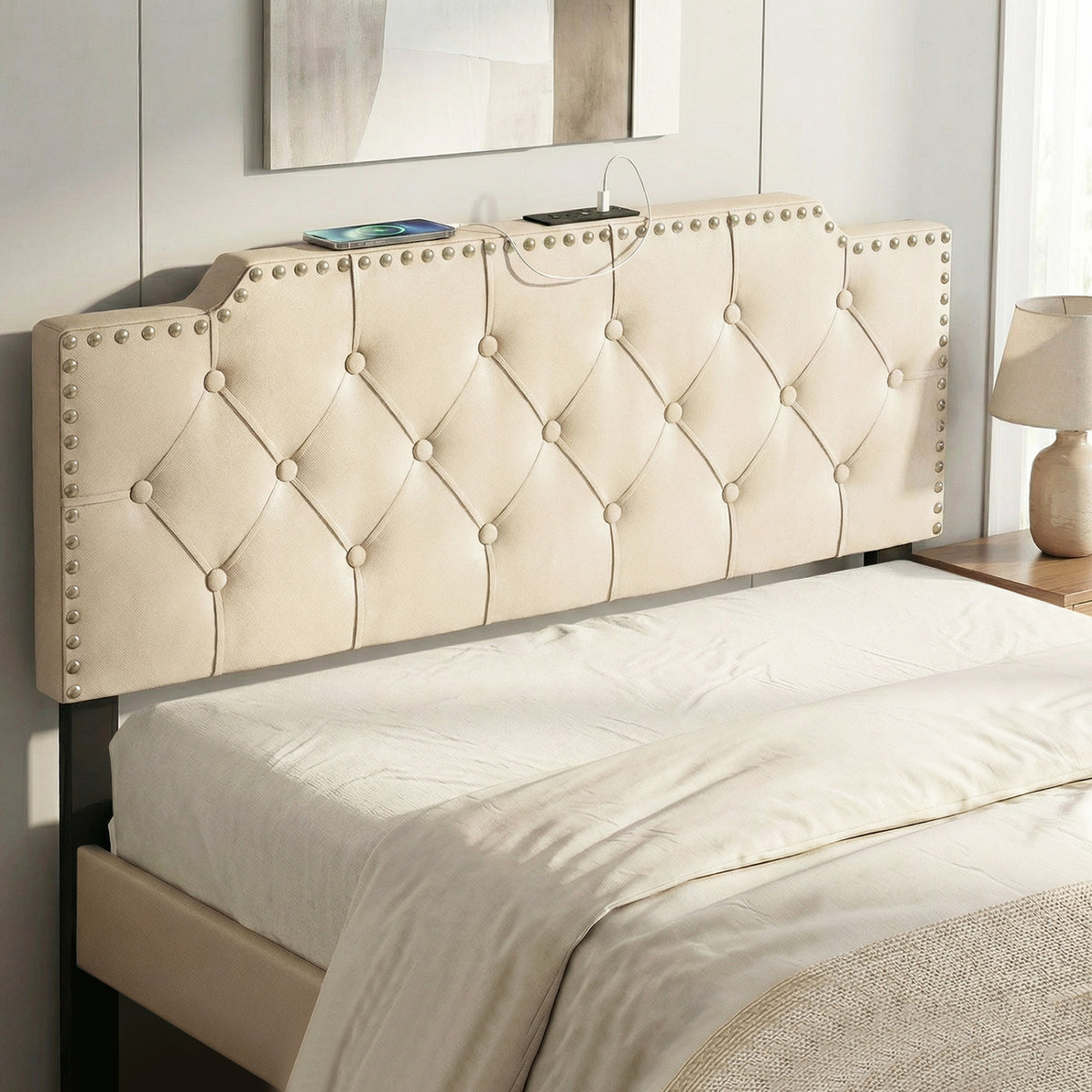 Headboard for Queen and Full Size Bed Rivet Tufted Upholstered Head Board-Beige