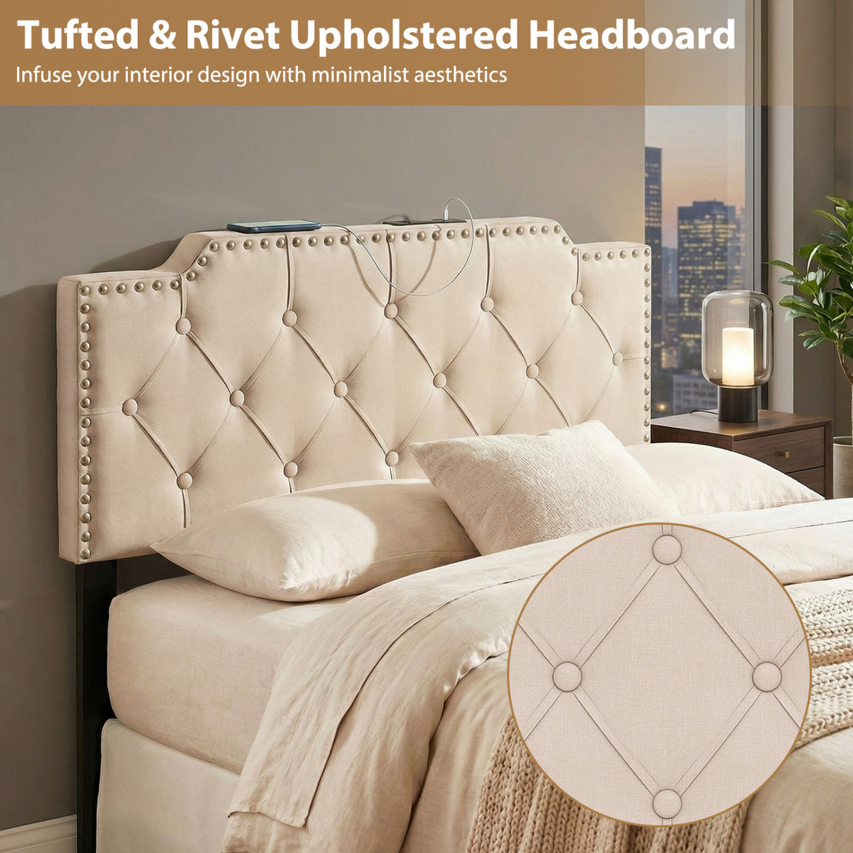 Headboard for Queen and Full Size Bed Rivet Tufted Upholstered Head Board-Beige
