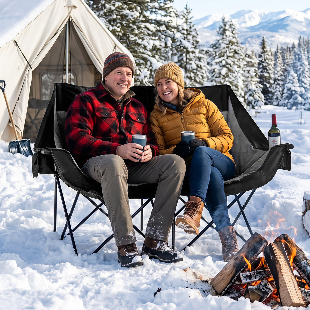 Heated Double Camping Chair with 4 Heating Zones and Wine Glass Holders-Black