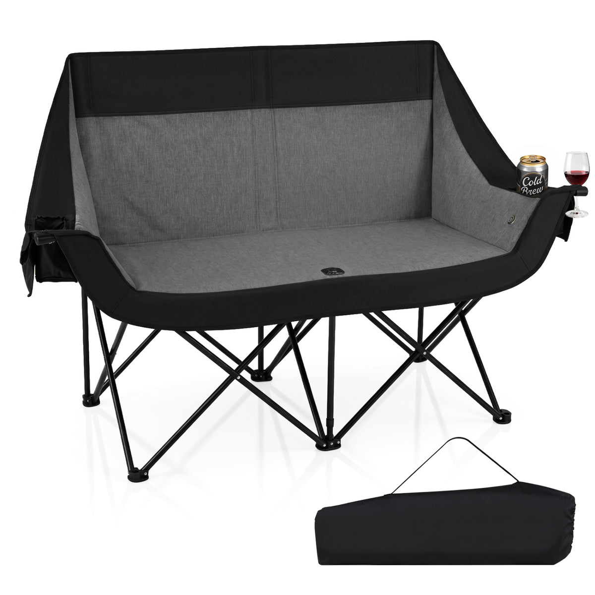 Heated Double Camping Chair with 4 Heating Zones and Wine Glass Holders-Black