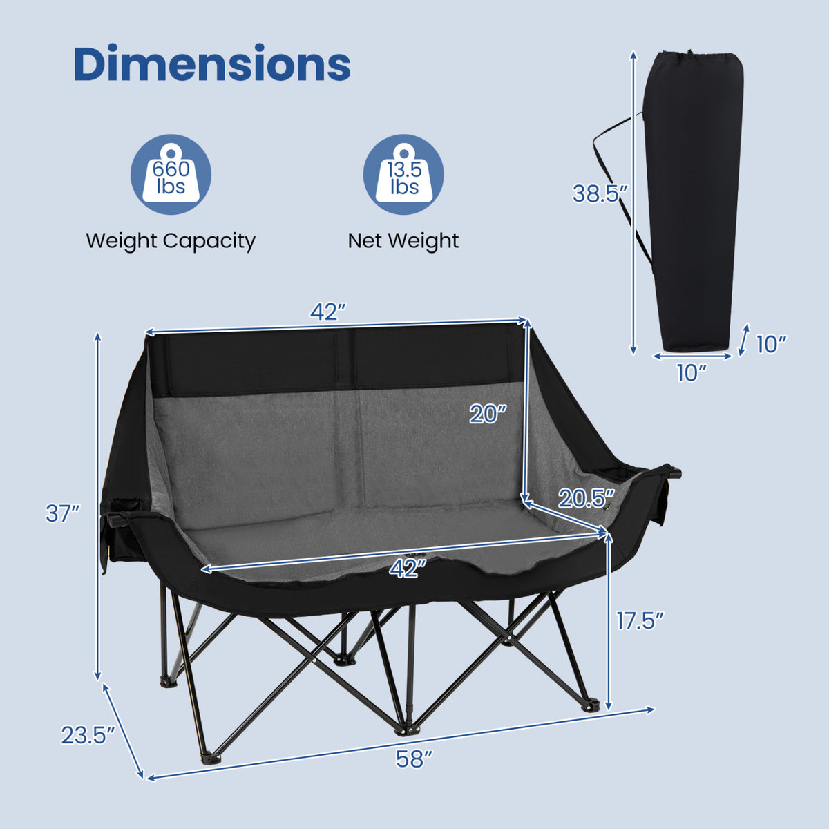 Heated Double Camping Chair with 4 Heating Zones and Wine Glass Holders-Black