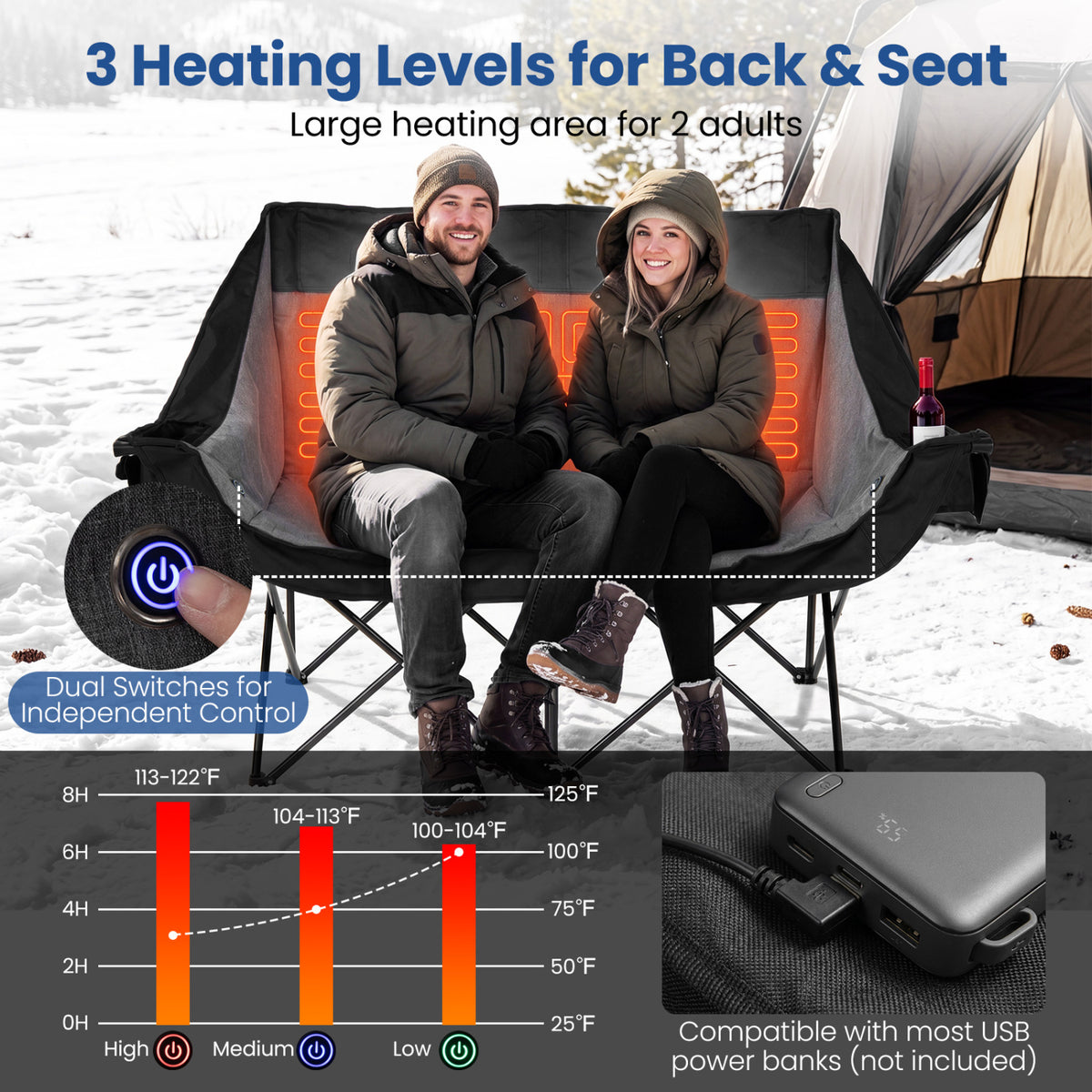 Heated Double Camping Chair with 4 Heating Zones and Wine Glass Holders-Black