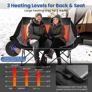Heated Double Camping Chair with 4 Heating Zones and Wine Glass Holders-Black