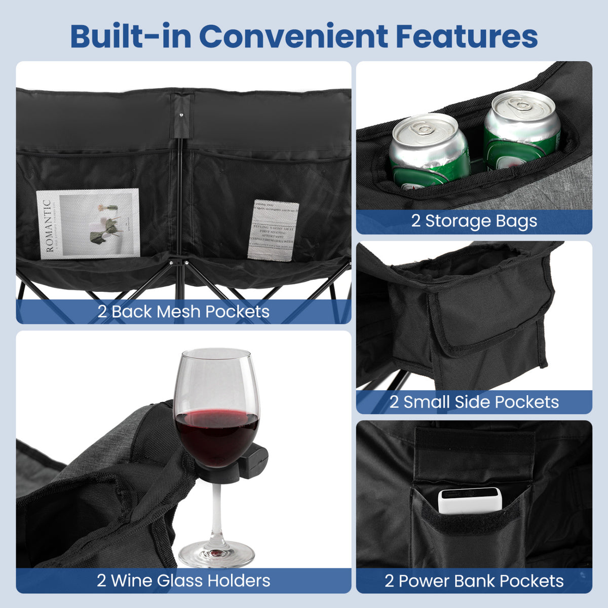 Heated Double Camping Chair with 4 Heating Zones and Wine Glass Holders-Black