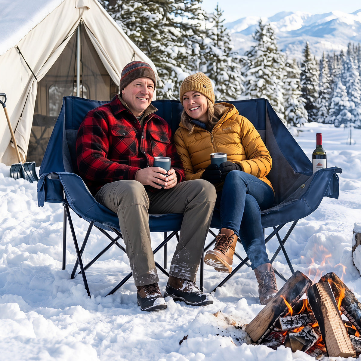 Heated Double Camping Chair with 4 Heating Zones and Wine Glass Holders-Navy