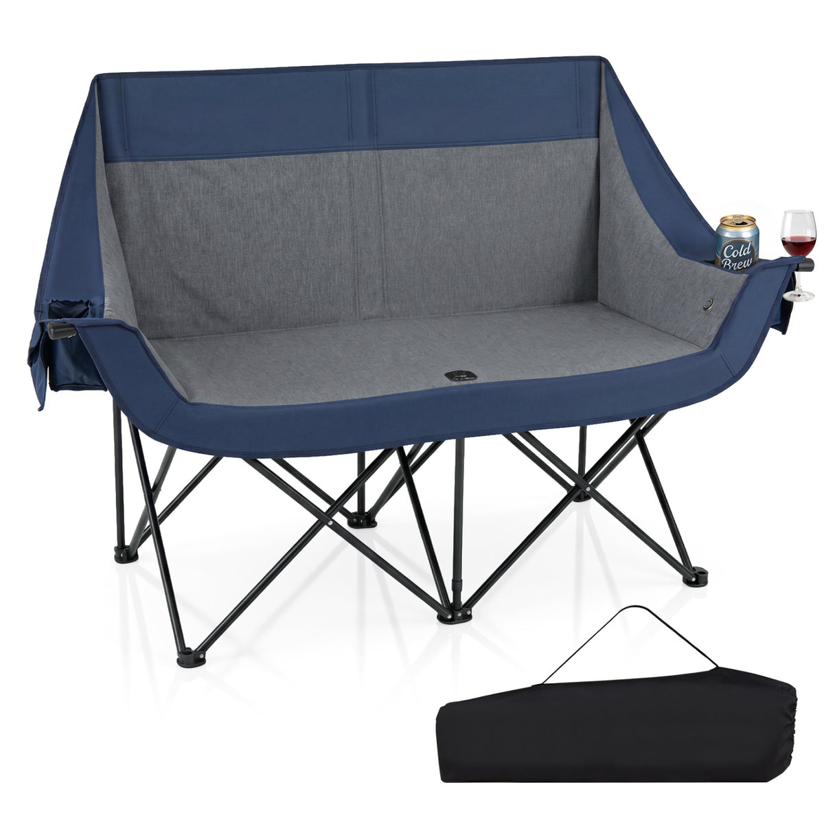 Heated Double Camping Chair with 4 Heating Zones and Wine Glass Holders-Navy