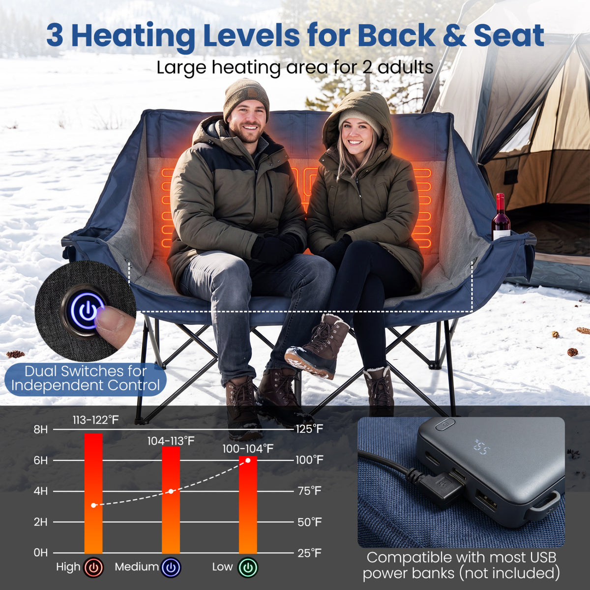 Heated Double Camping Chair with 4 Heating Zones and Wine Glass Holders-Navy