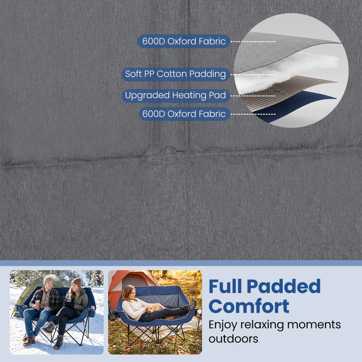 Heated Double Camping Chair with 4 Heating Zones and Wine Glass Holders-Navy