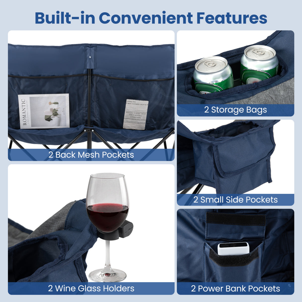Heated Double Camping Chair with 4 Heating Zones and Wine Glass Holders-Navy