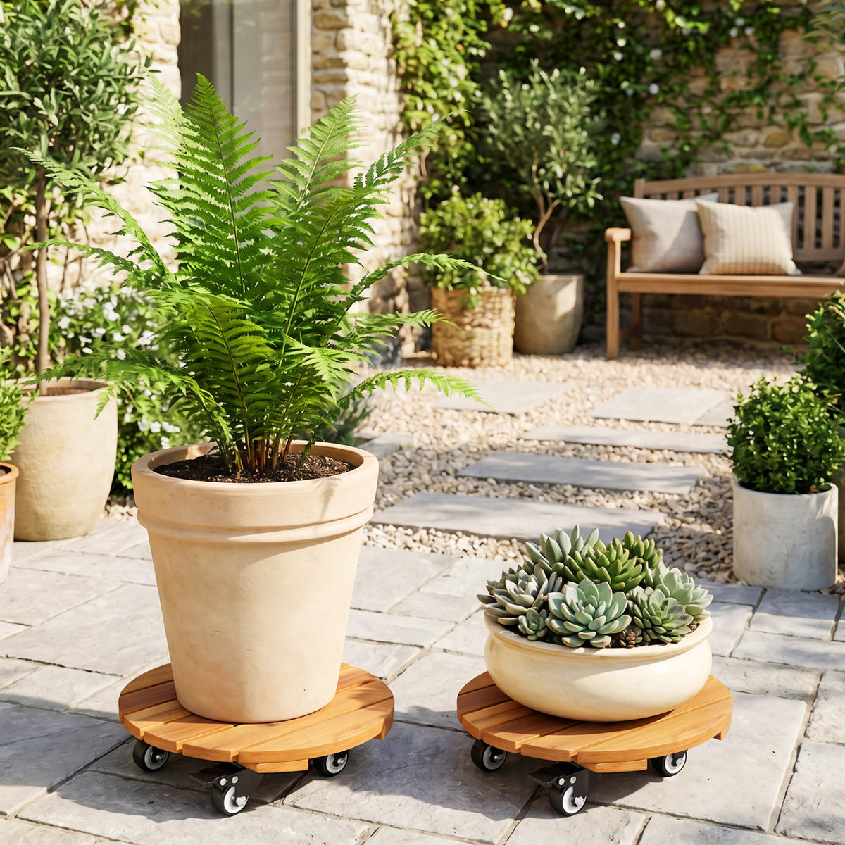 Heavy Duty Acacia Wood Rolling Plant Stand with 360Â° Lockable Casters-Set of 4
