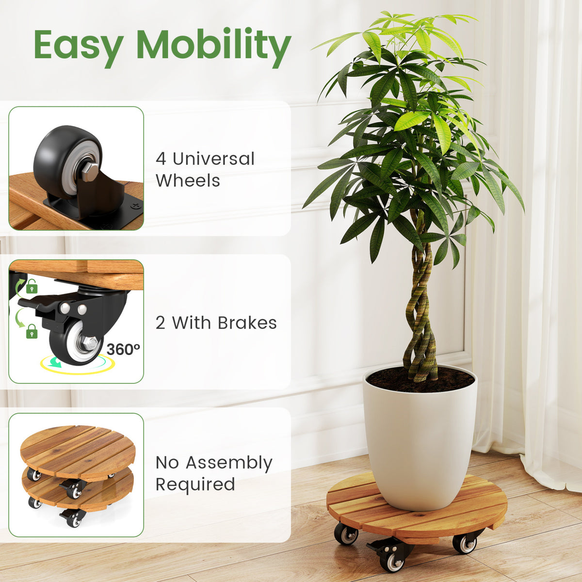 Heavy Duty Acacia Wood Rolling Plant Stand with 360Â° Lockable Casters-Set of 4