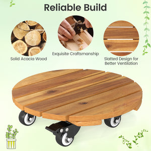 Heavy Duty Acacia Wood Rolling Plant Stand with 360Â° Lockable Casters-Set of 2