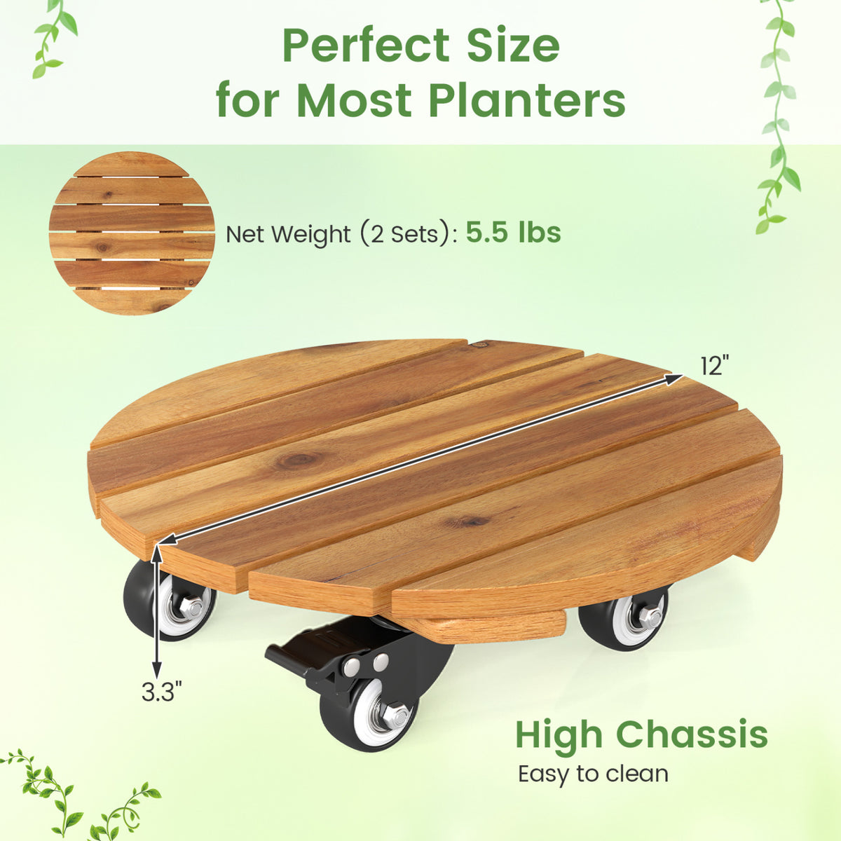 Heavy Duty Acacia Wood Rolling Plant Stand with 360Â° Lockable Casters-Set of 2