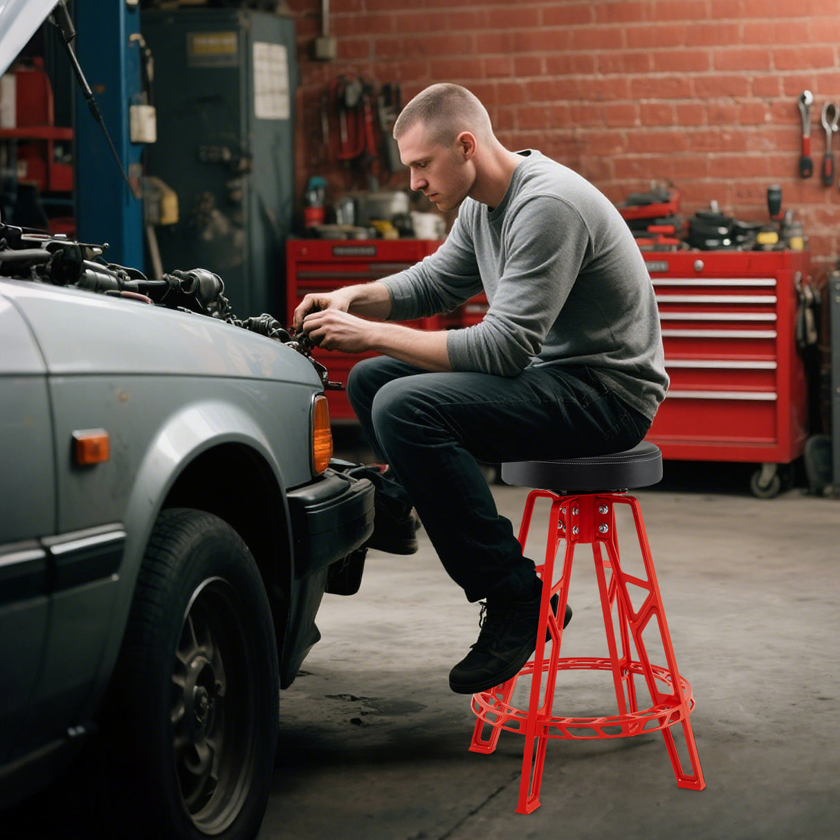 Heavy-Duty Aluminum Garage Bar Chair with 360 ° Swiveling Seat-Red
