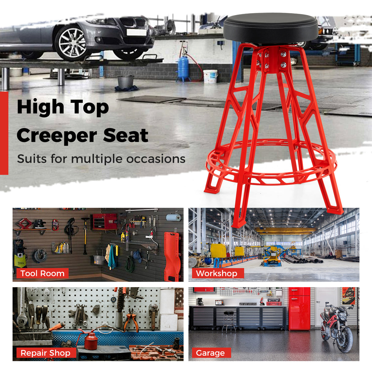 Heavy-Duty Aluminum Garage Bar Chair with 360 ° Swiveling Seat-Red