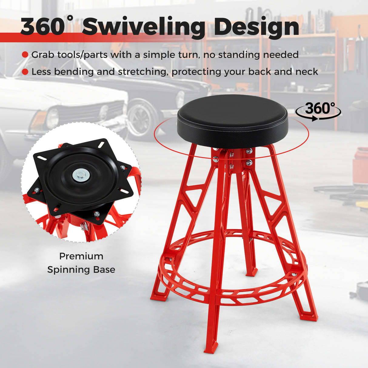 Heavy-Duty Aluminum Garage Bar Chair with 360 ° Swiveling Seat-Red
