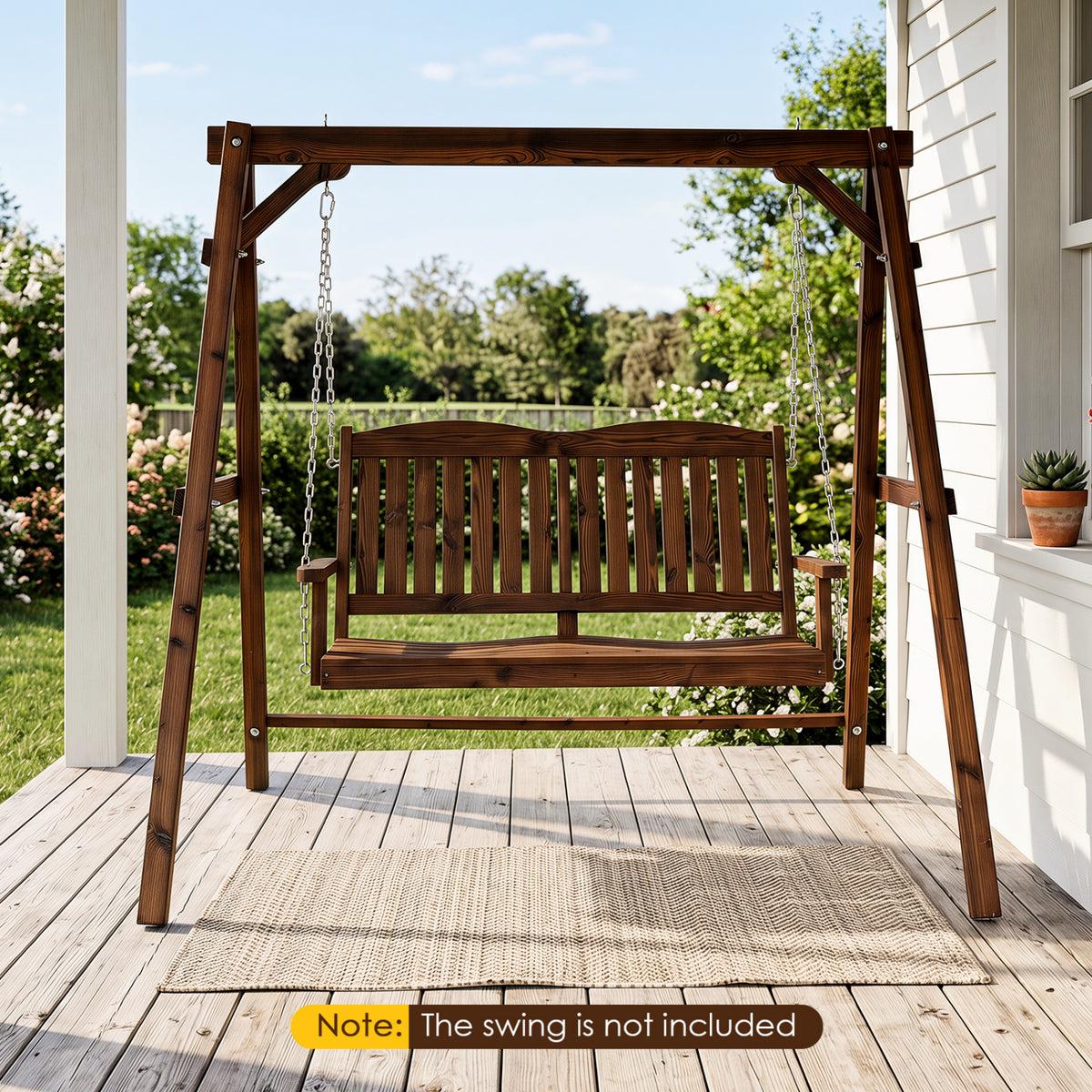 Heavy-Duty Carbonized Fir Wood Swing Frame with Reinforced Bars and 2 Hanging Rings-Brown