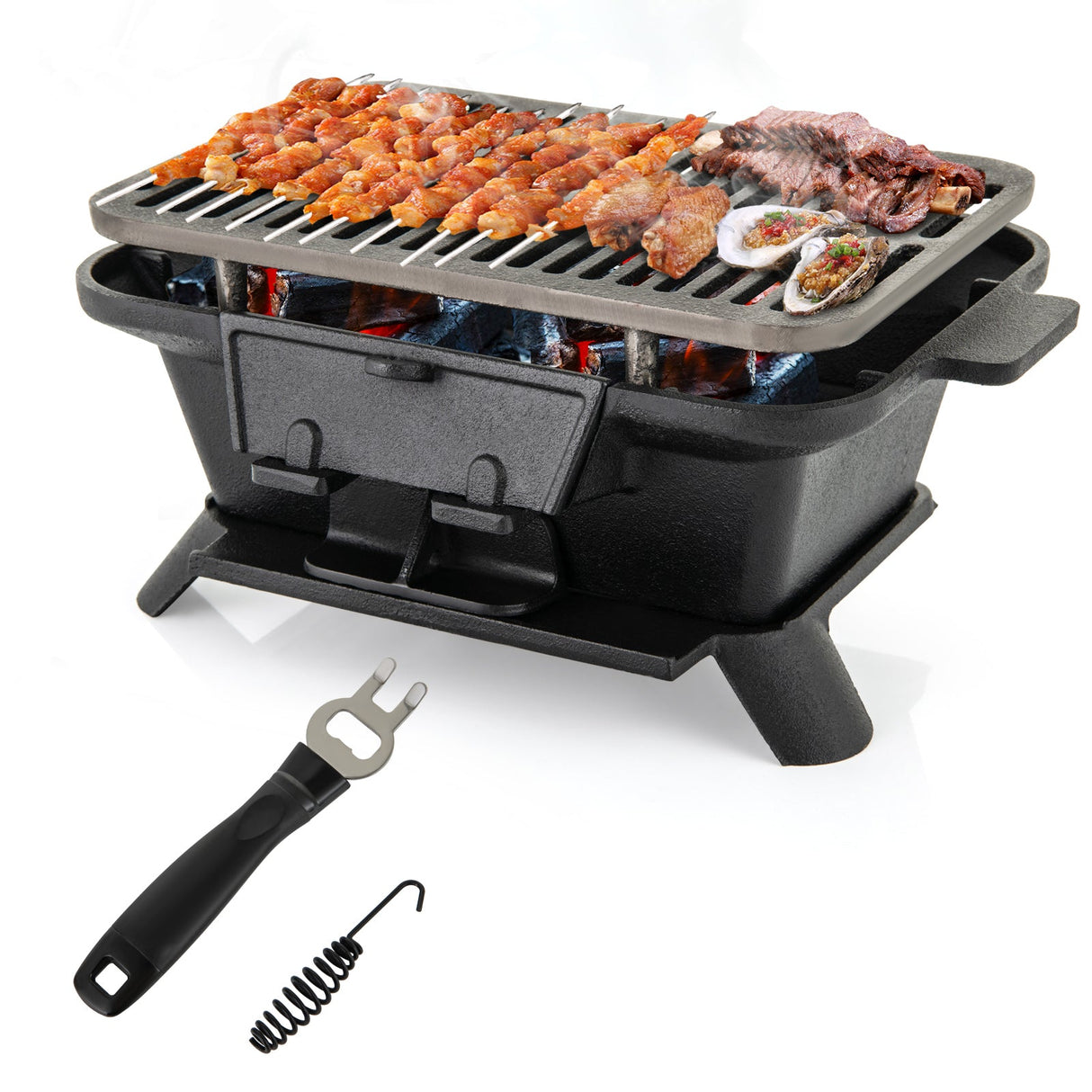 100% Cast Iron Hibachi Grill with Grill Grate Lifter by DirectDeals