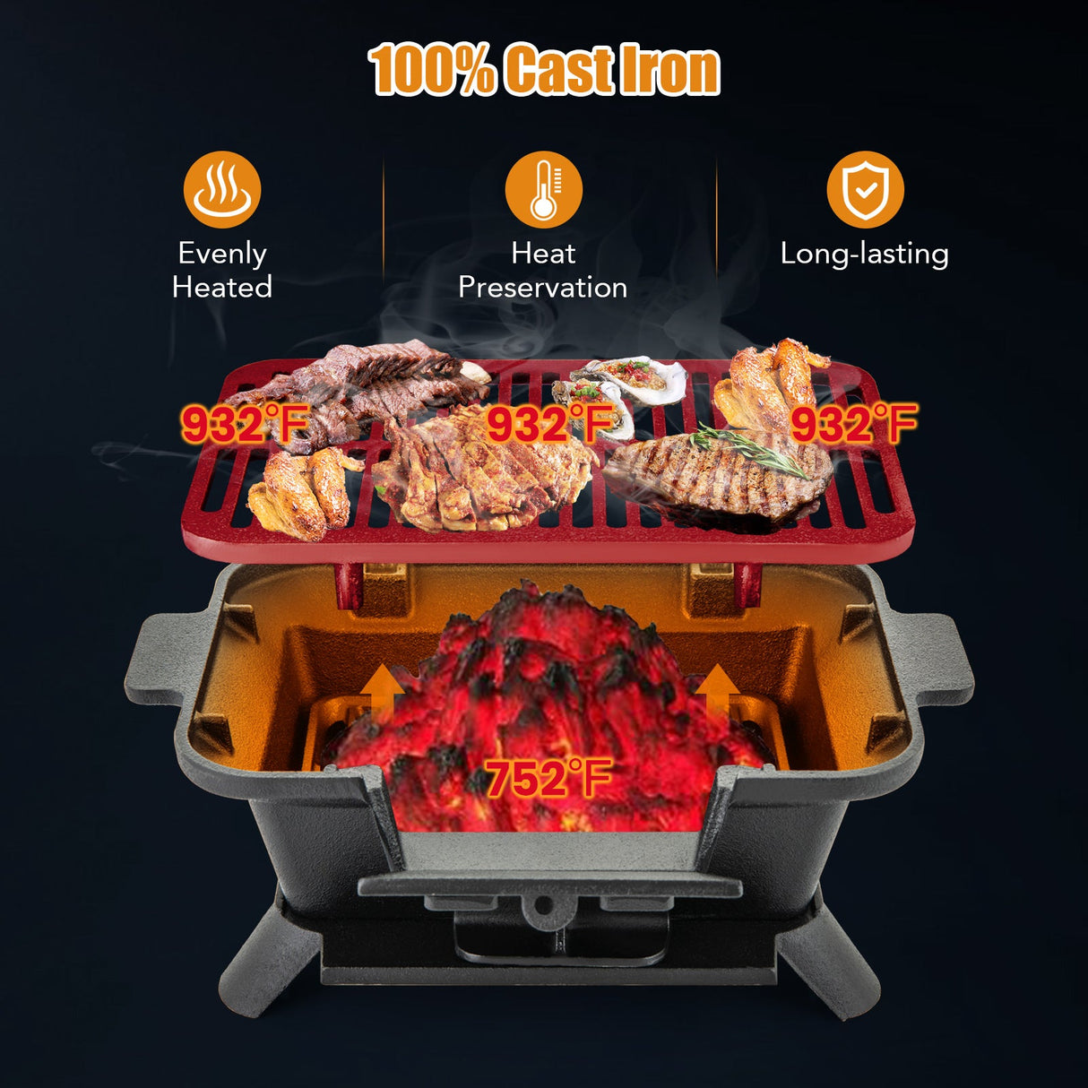 100% Cast Iron Hibachi Grill with Grill Grate Lifter by DirectDeals