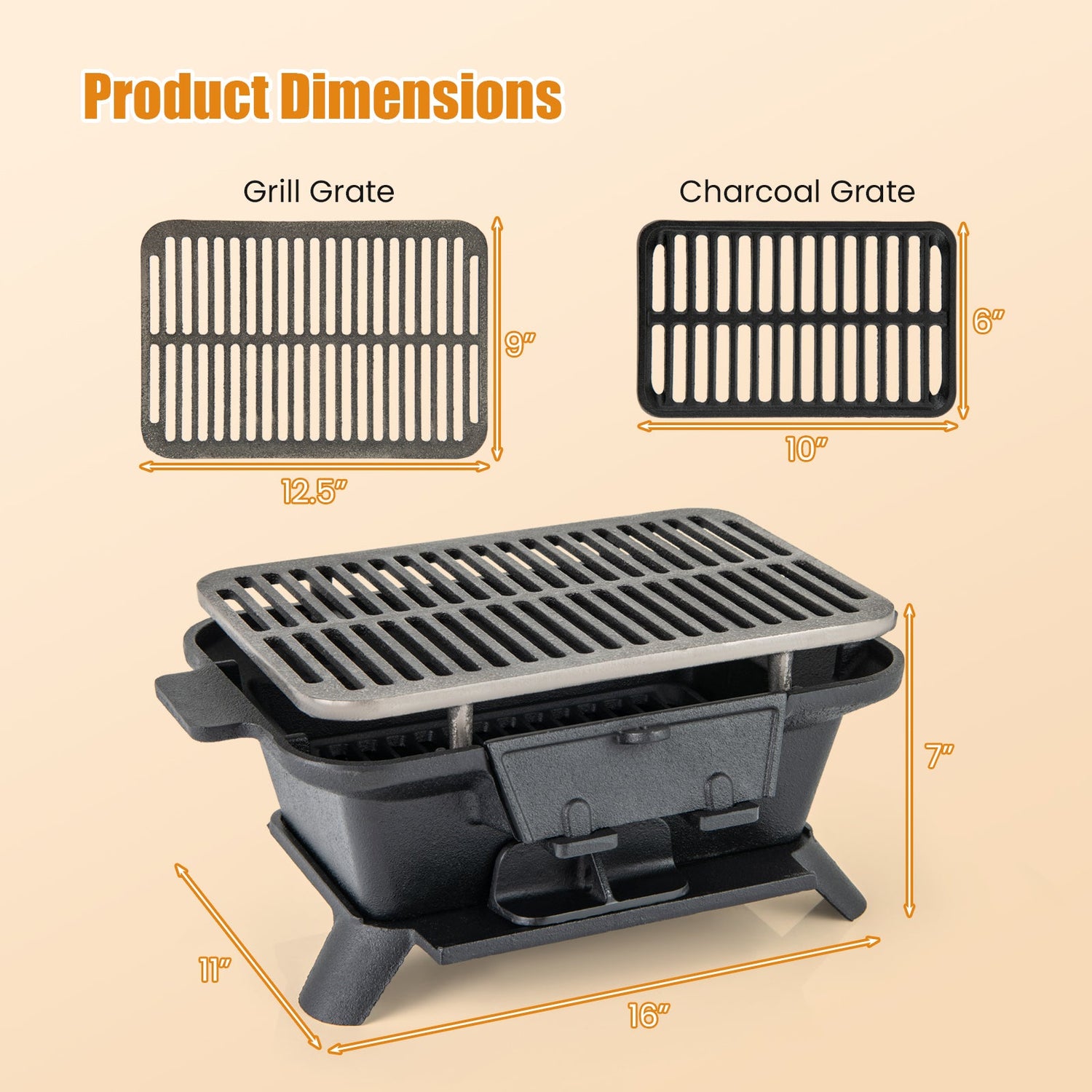 100% Cast Iron Hibachi Grill with Grill Grate Lifter by DirectDeals