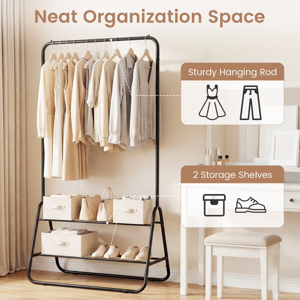 Heavy Duty Clothes Rack with Hanging Rod and Storage Shelves-Black
