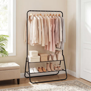 Heavy Duty Clothes Rack with Hanging Rod and Storage Shelves-Black