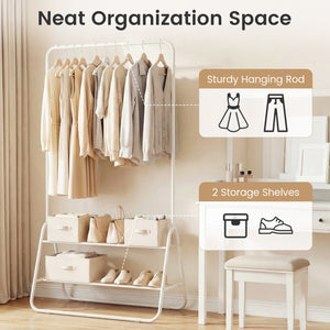 Heavy Duty Clothes Rack with Hanging Rod and Storage Shelves-White