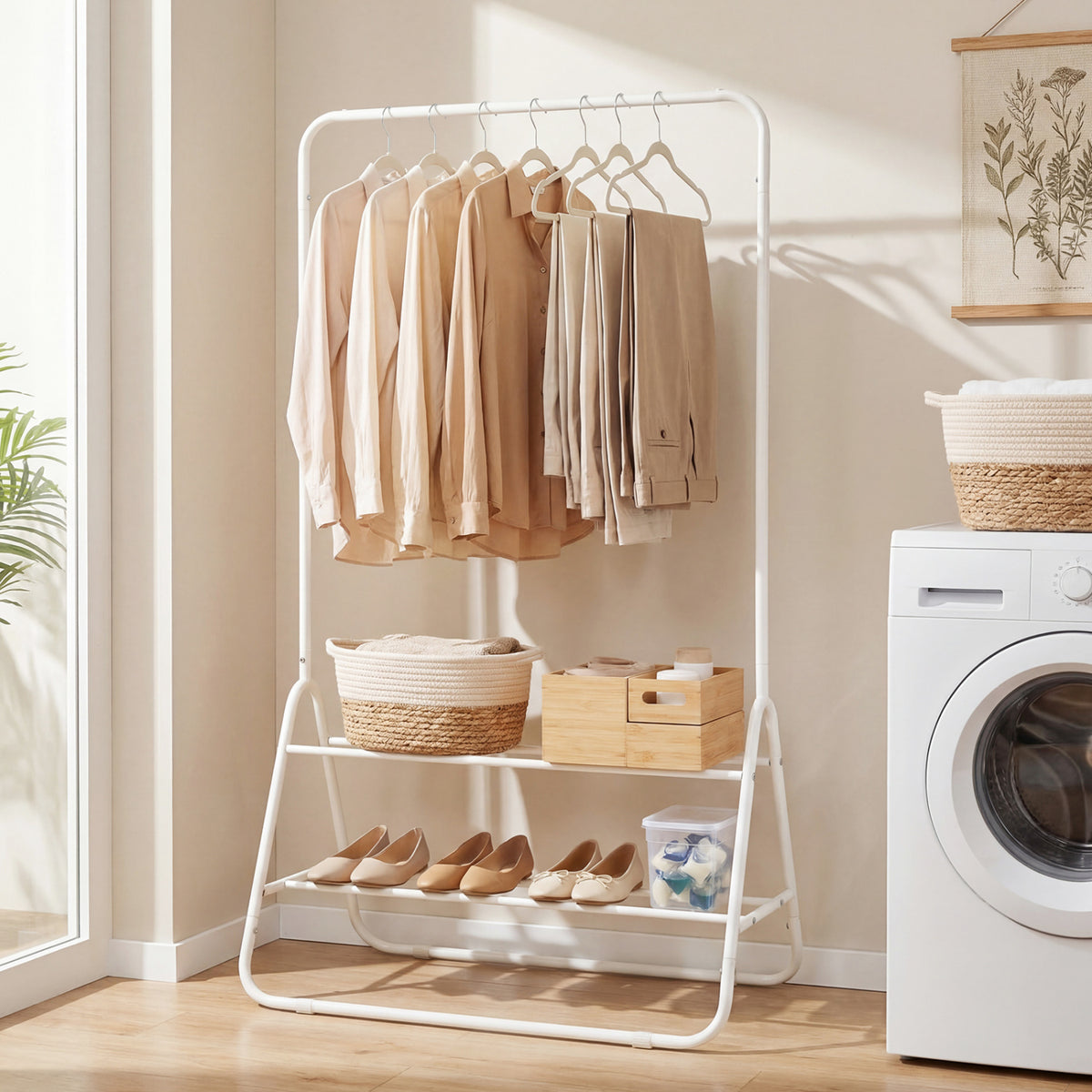 Heavy Duty Clothes Rack with Hanging Rod and Storage Shelves-White