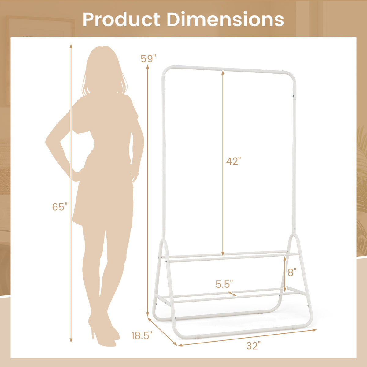 Heavy Duty Clothes Rack with Hanging Rod and Storage Shelves-White