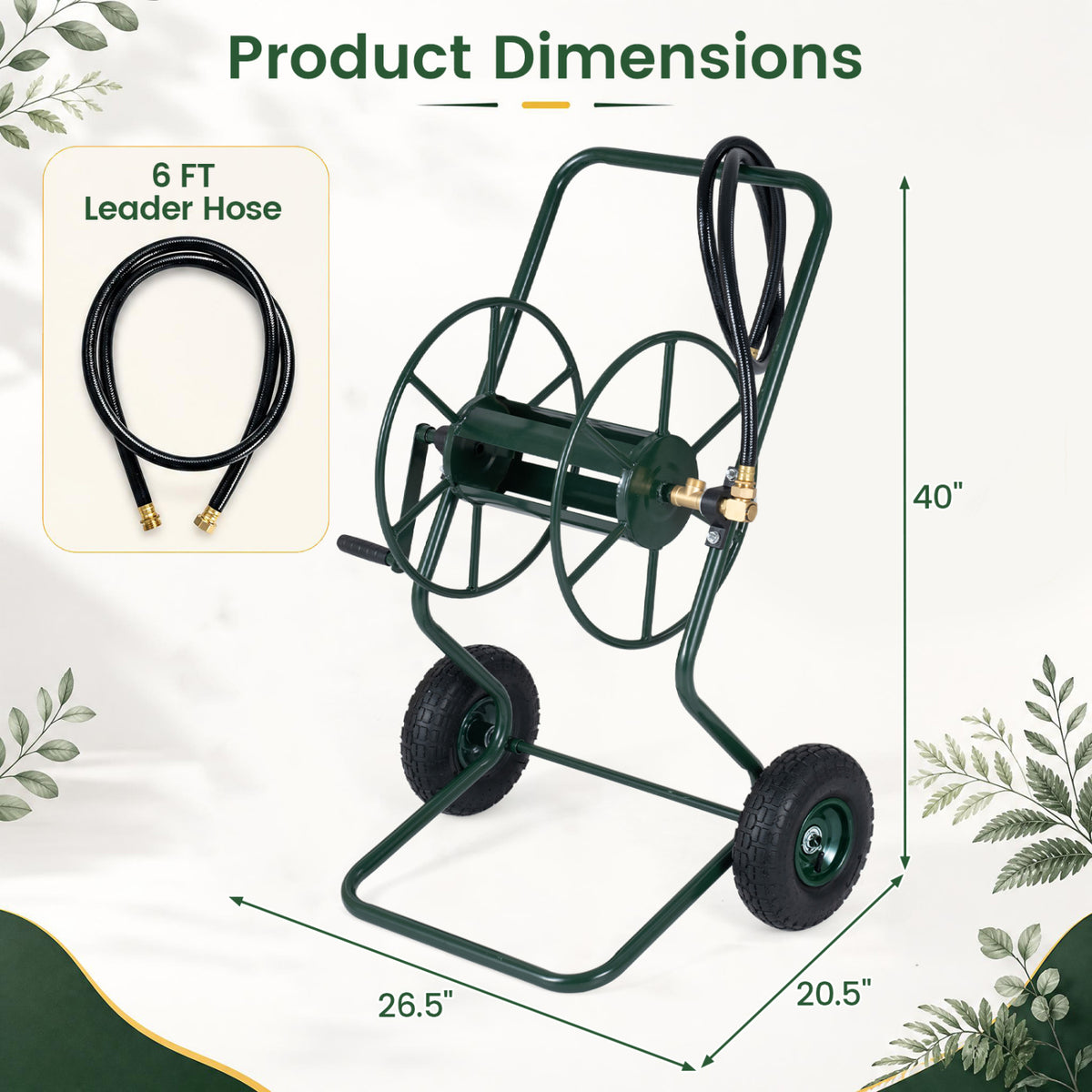 Heavy Duty Garden Hose Reel Cart Holds up to 300 FT of 5/8" Hose-Green